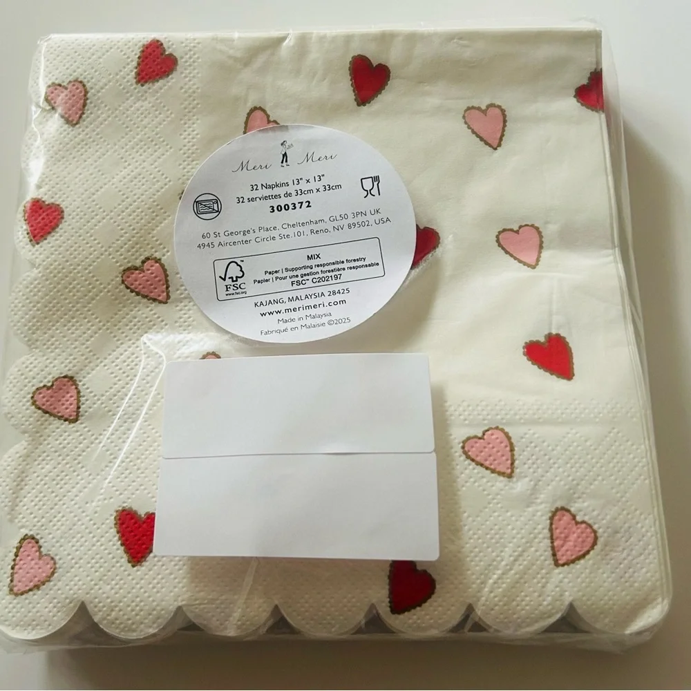 32 Meri Meri Napkins 6.5” Pink Red Hearts made in Malaysia Scalloped Edges